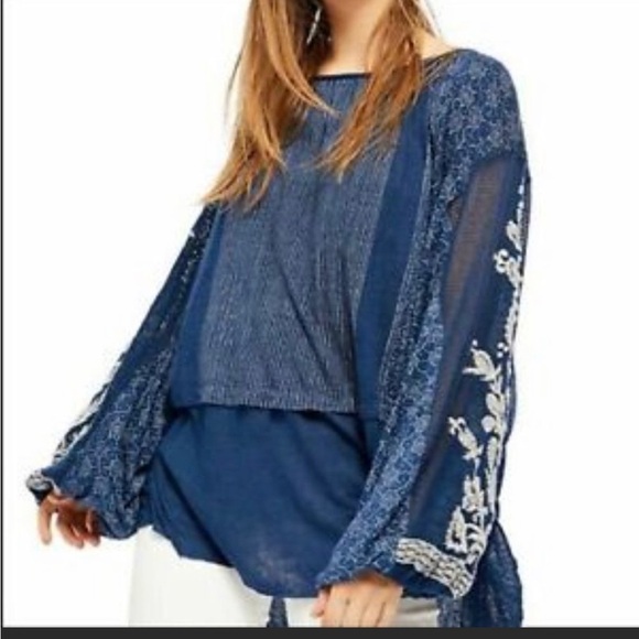 Free People Tops - Free people indigo dreams long sleeve shear sleeves embroidered mixed media top
